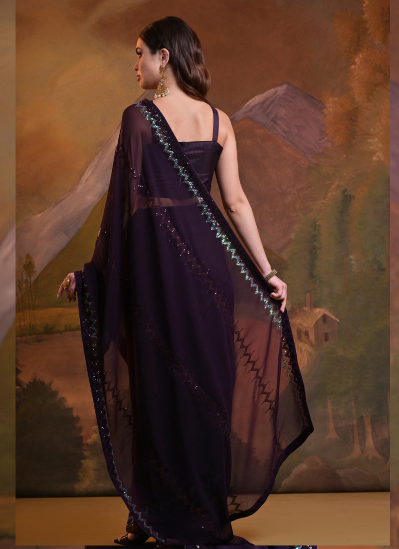 Wine Soft Georgette Sequin Embroidered Saree for Special Occasions