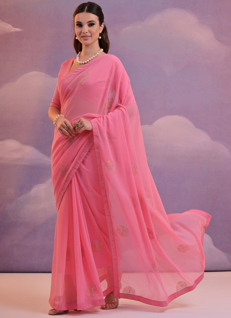 Pink Soft Georgette Saree with Sequined Floral Work
