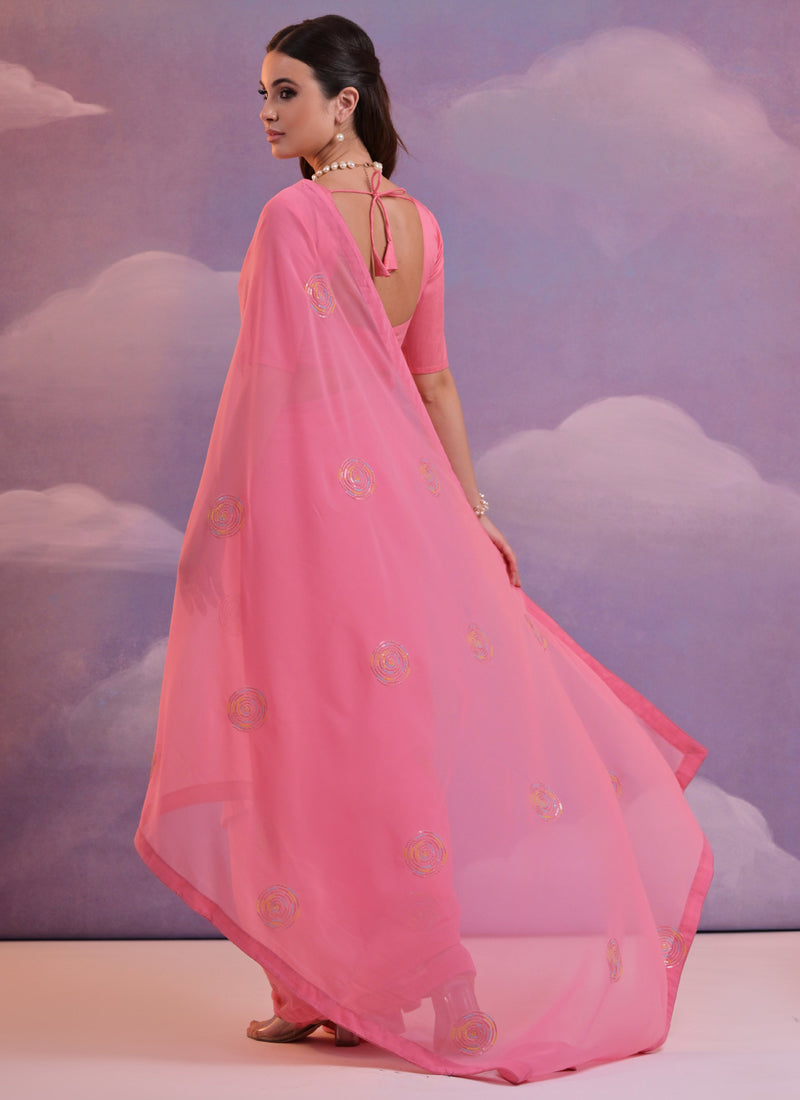 Pink Soft Georgette Saree with Sequined Floral Work