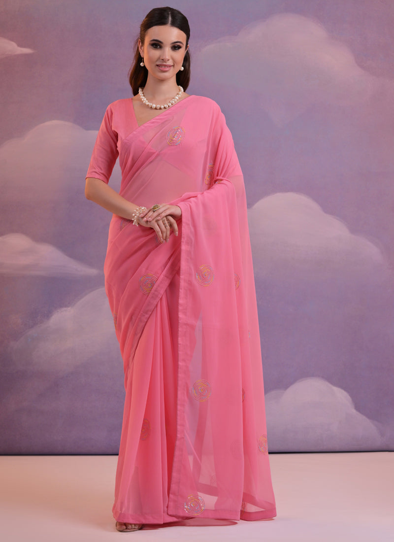 Pink soft georgette saree with sequence floral embroidery