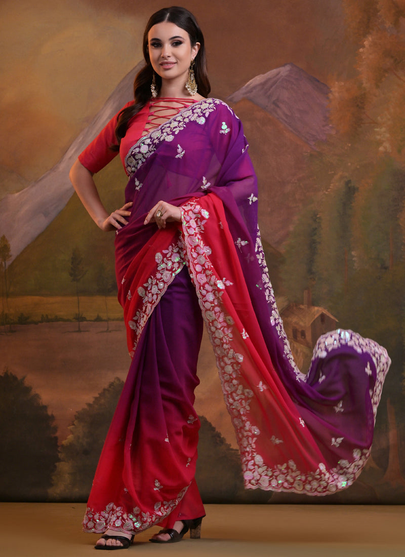 Purple Soft Georgette Saree with Delicate Sequence Embroidery