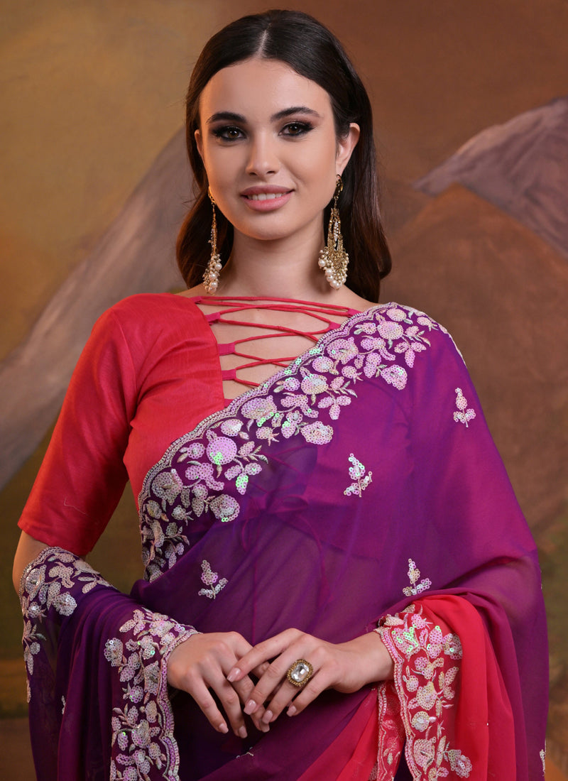 Purple Soft Georgette Saree with Delicate Sequence Embroidery