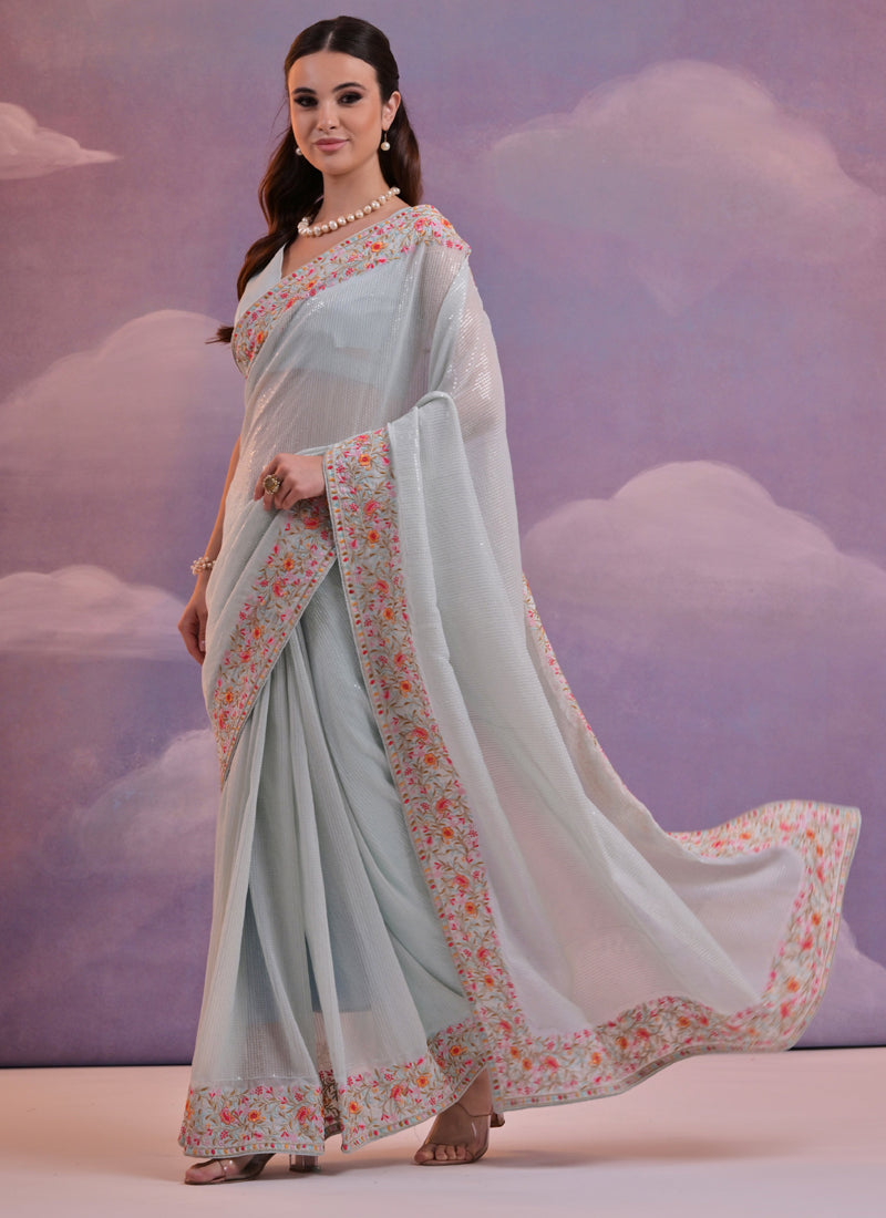 Light Grey Soft Georgette Saree with Floral Sequence Work