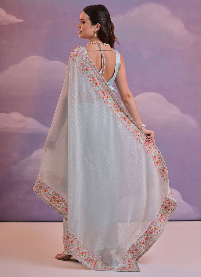 Light Grey Soft Georgette Saree with Floral Sequence Work