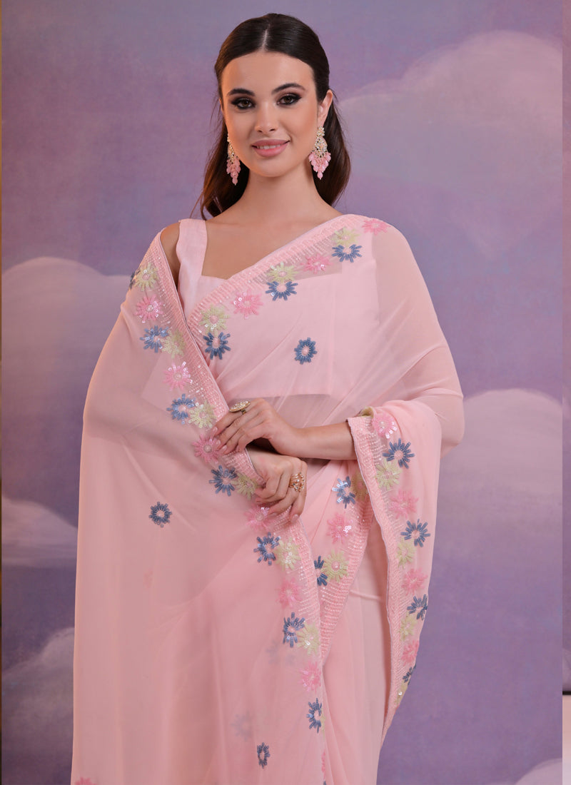 Light Pink Soft Georgette Sequence Embroidered Party Wear Saree
