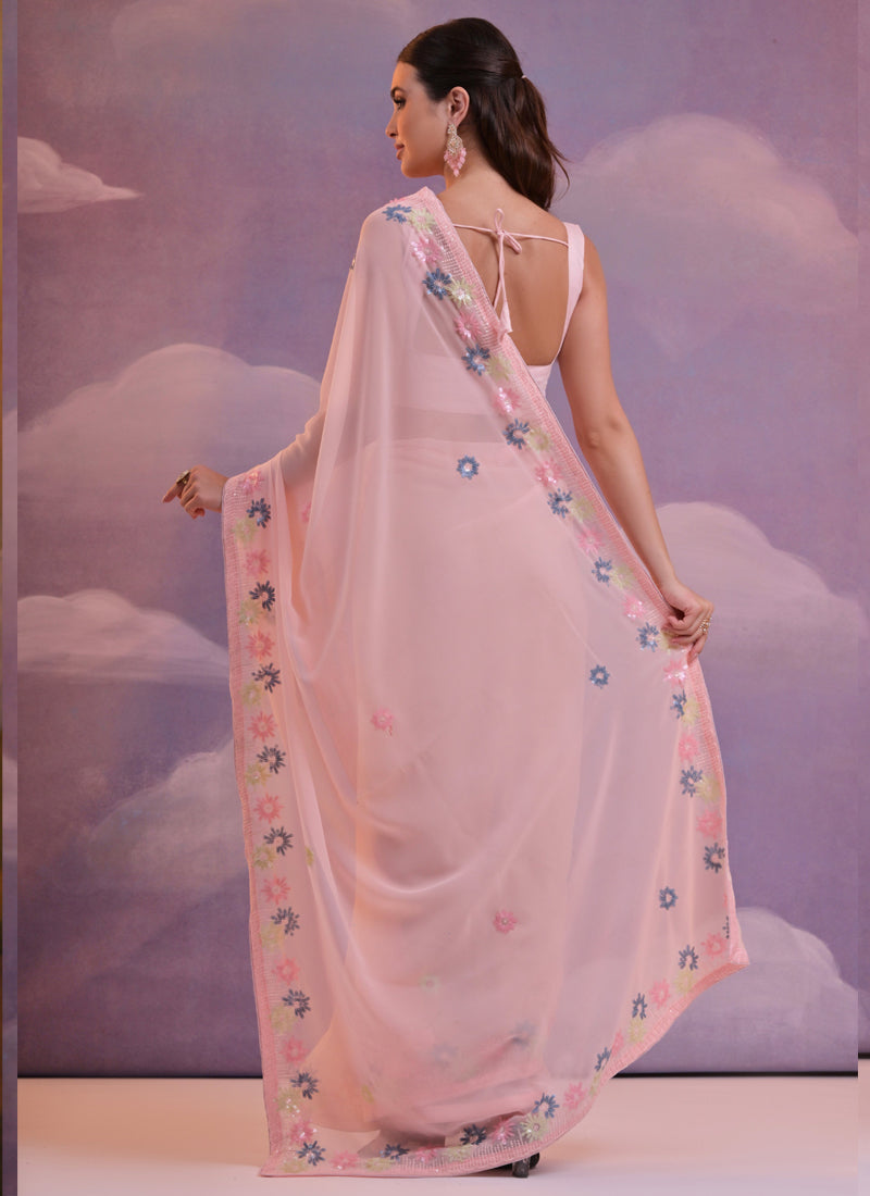 Light Pink Soft Georgette Sequence Embroidered Party Wear Saree