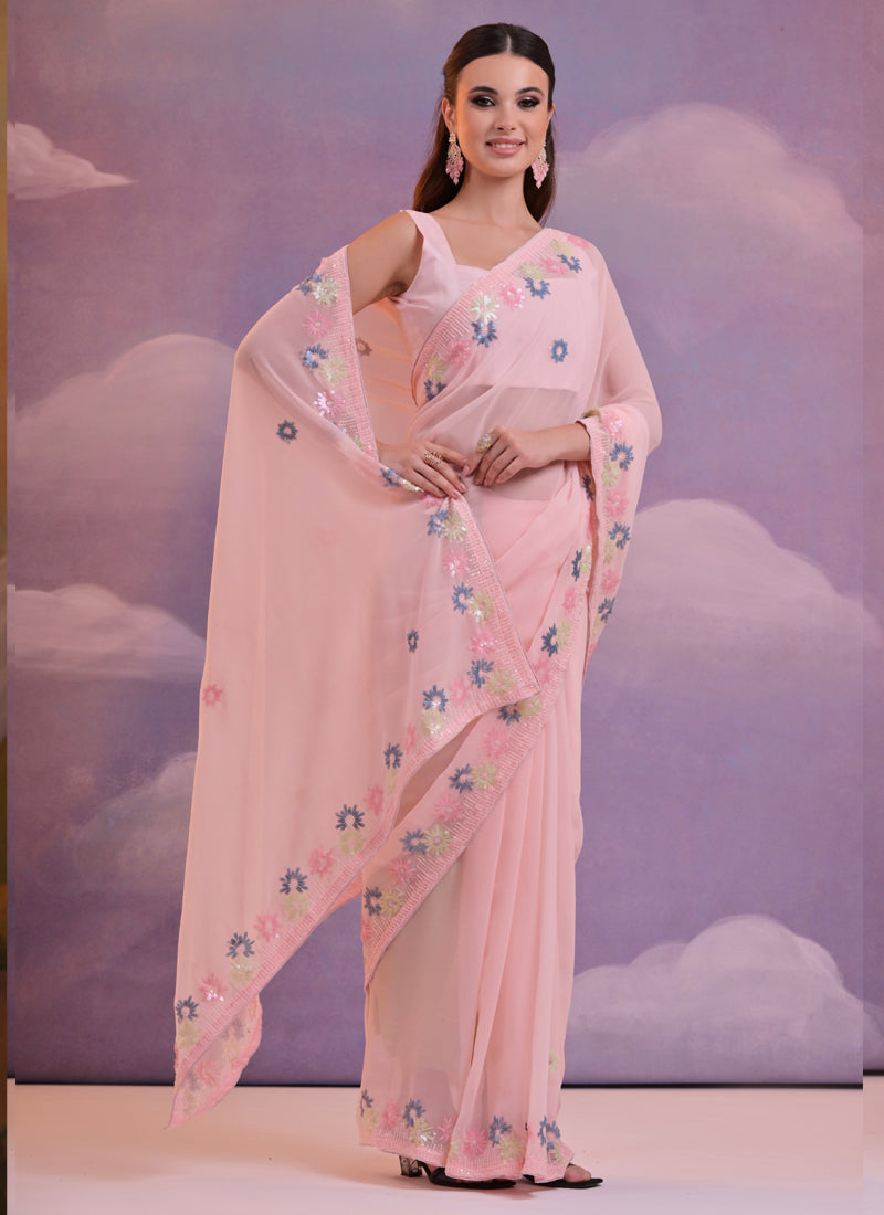 Light Pink Soft Georgette Sequence Embroidered Party Wear Saree