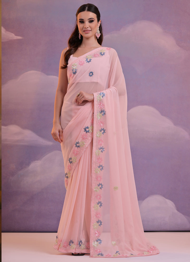 Light Pink Soft Georgette Sequence Embroidered Party Wear Saree