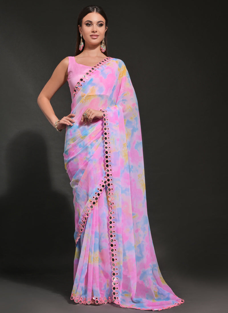 Light pink georgette saree with prizam print and mirror embroidery