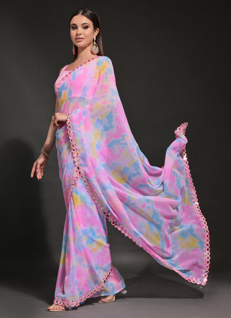 Light Pink Georgette Saree with Prizam Print & Mirror Work