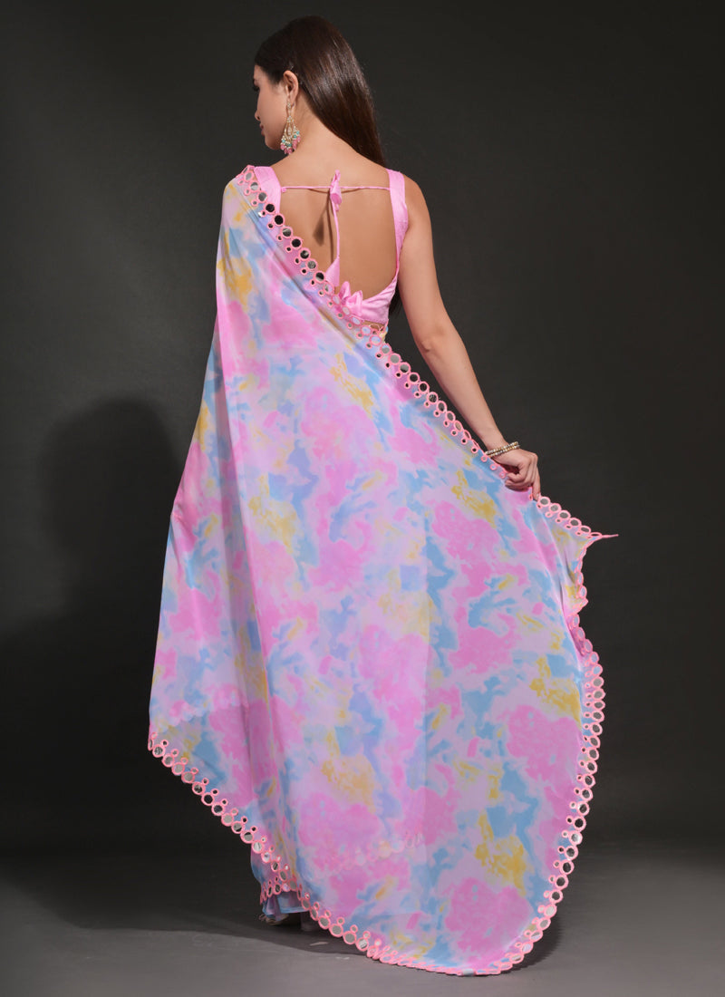 Light Pink Georgette Saree with Prizam Print & Mirror Work