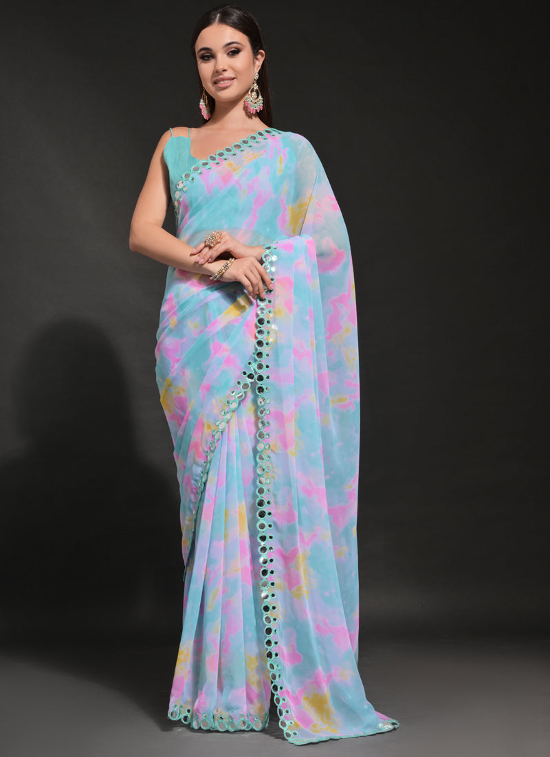 Light Blue Georgette saree with Prizam print and detailed mirror embroidery