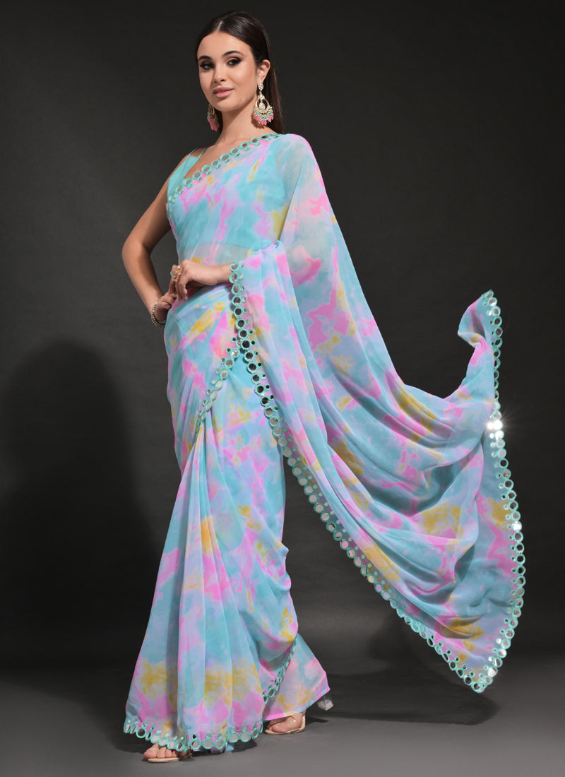 Light Blue Georgette Saree with Prizam Print and Mirror Work