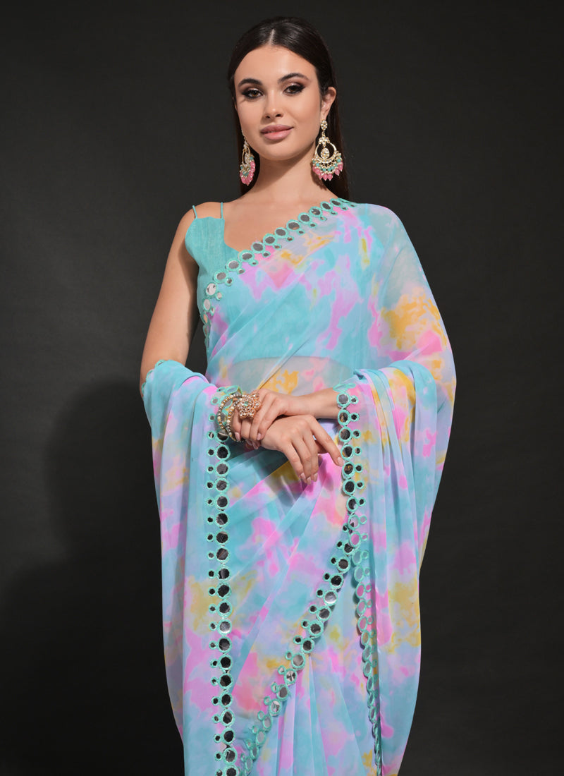 Light Blue Georgette Saree with Prizam Print and Mirror Work