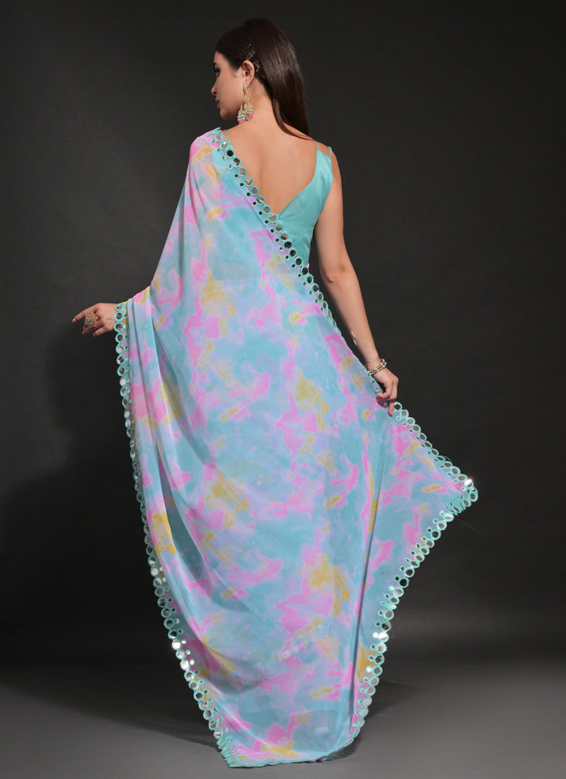 Light Blue Georgette Saree with Prizam Print and Mirror Work