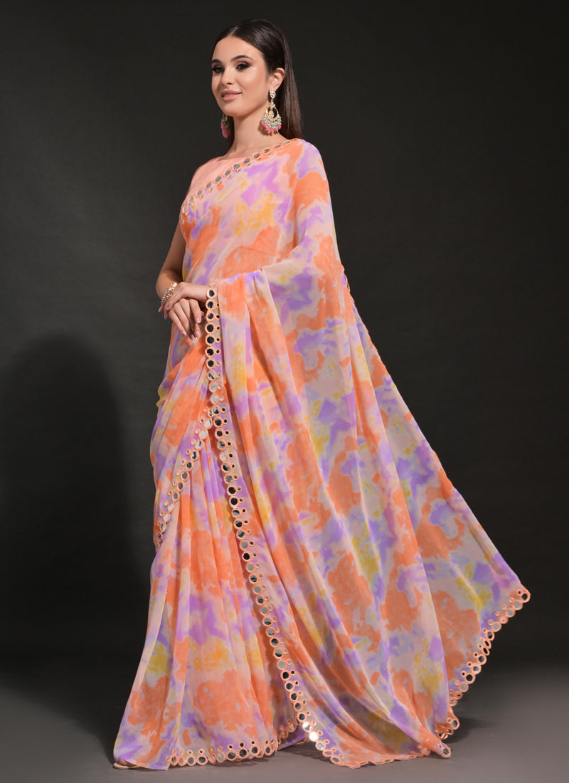 Orange Georgette Saree with Prizam Print and Mirror Work