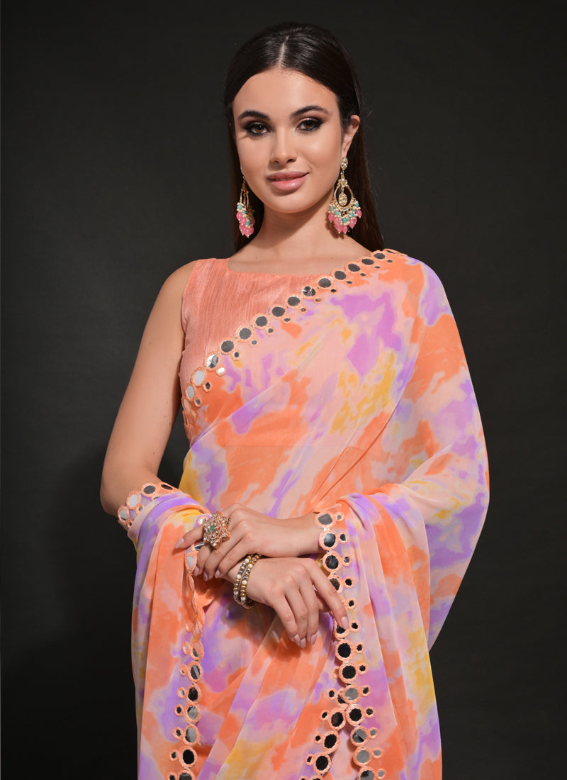 Orange Georgette Saree with Prizam Print and Mirror Work