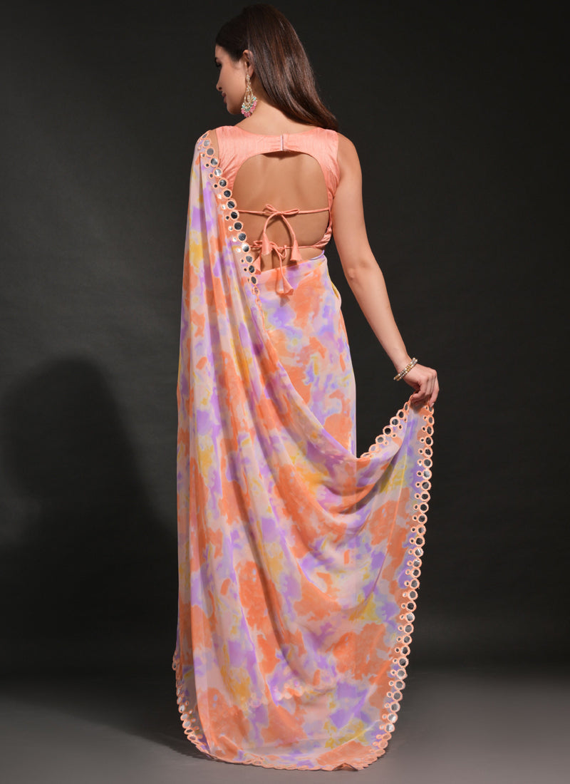 Orange Georgette Saree with Prizam Print and Mirror Work