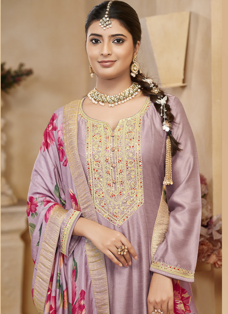 Light Onion Pink Vichitra Silk Embroidered Anarkali Suit