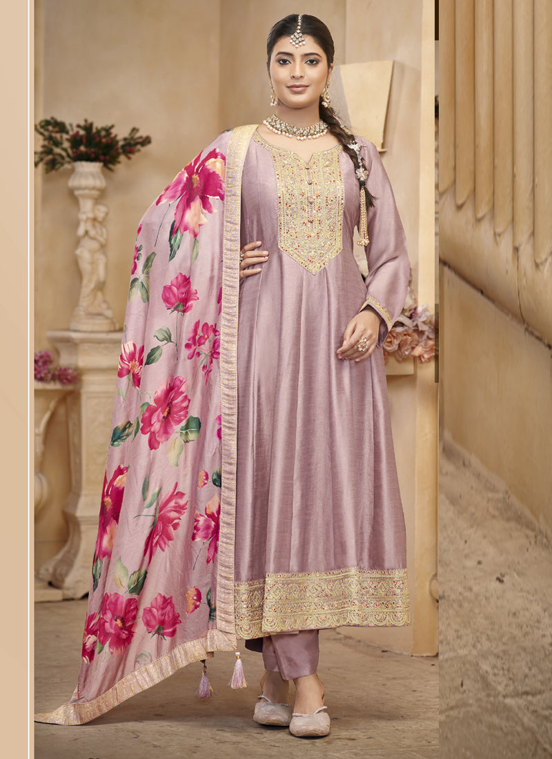 Light onion pink Anarkali suit in Vichitra silk with exquisite sequence and zari embroidery