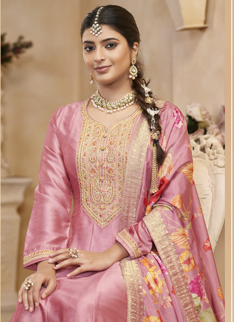 Light Pink Vichitra Silk Embroidered Anarkali Suit