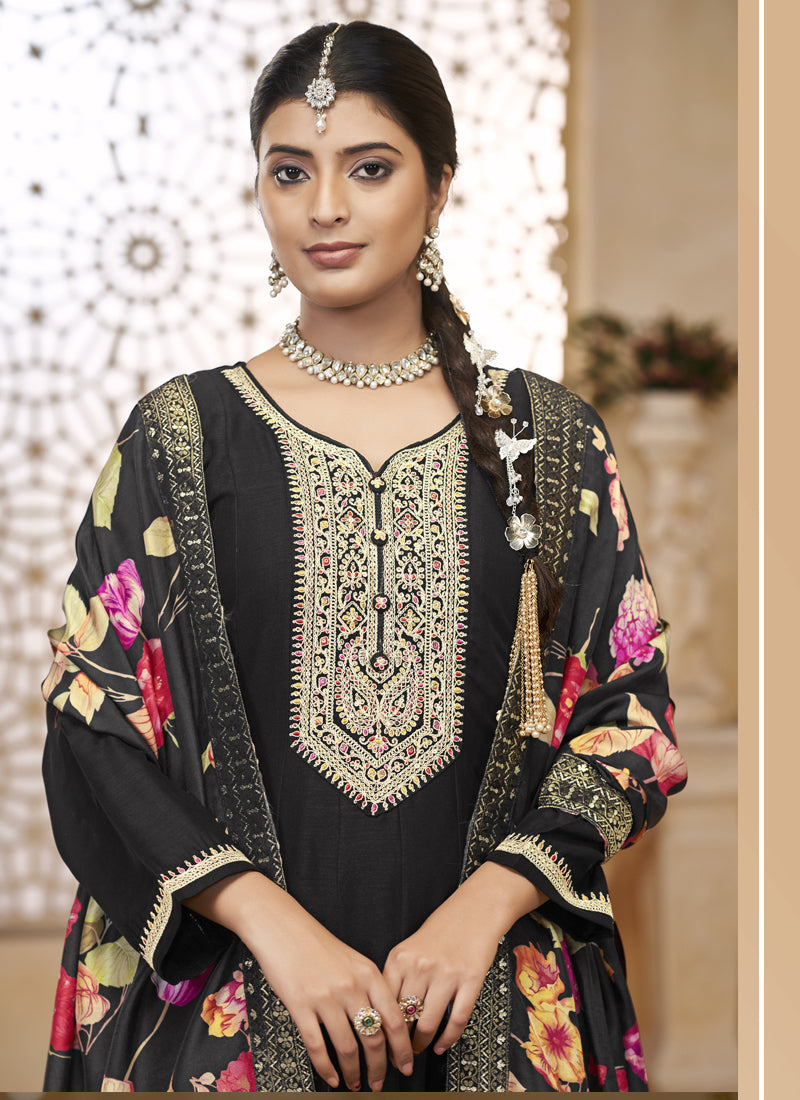 Black Vichitra Silk Embroidered Anarkali Suit for Formal Events