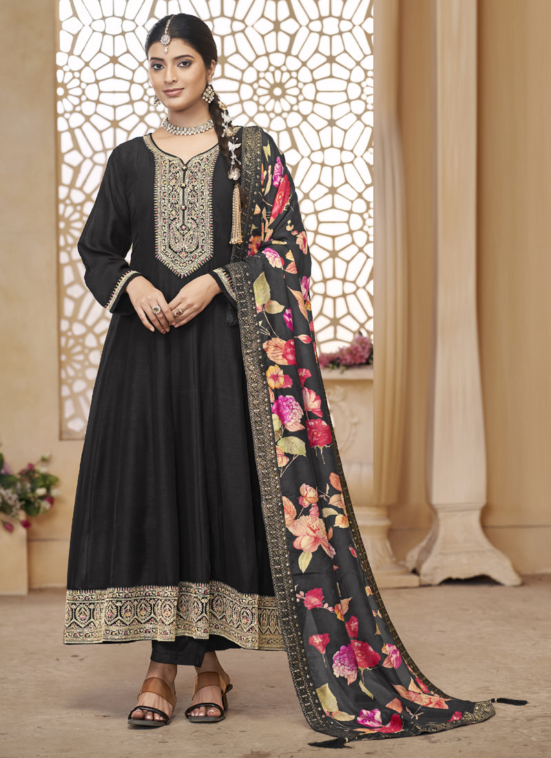Elegant Black Vichitra Silk Anarkali suit featuring detailed sequence and zari work.