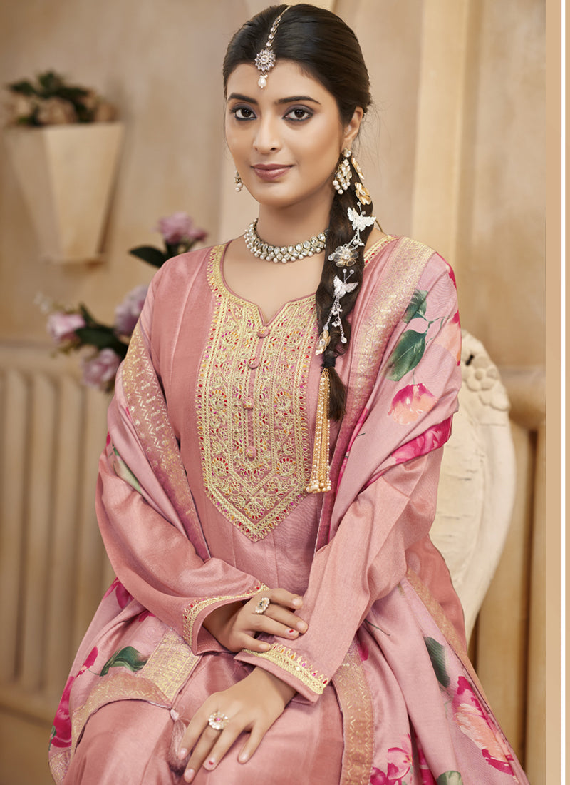 Baby Pink Vichitra Silk Embroidered Anarkali Suit for Girls