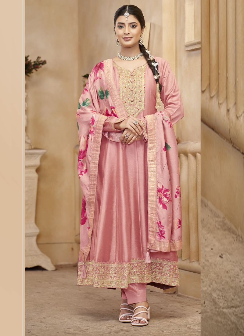 Baby pink Vichitra silk Anarkali suit with gold embroidery for girls