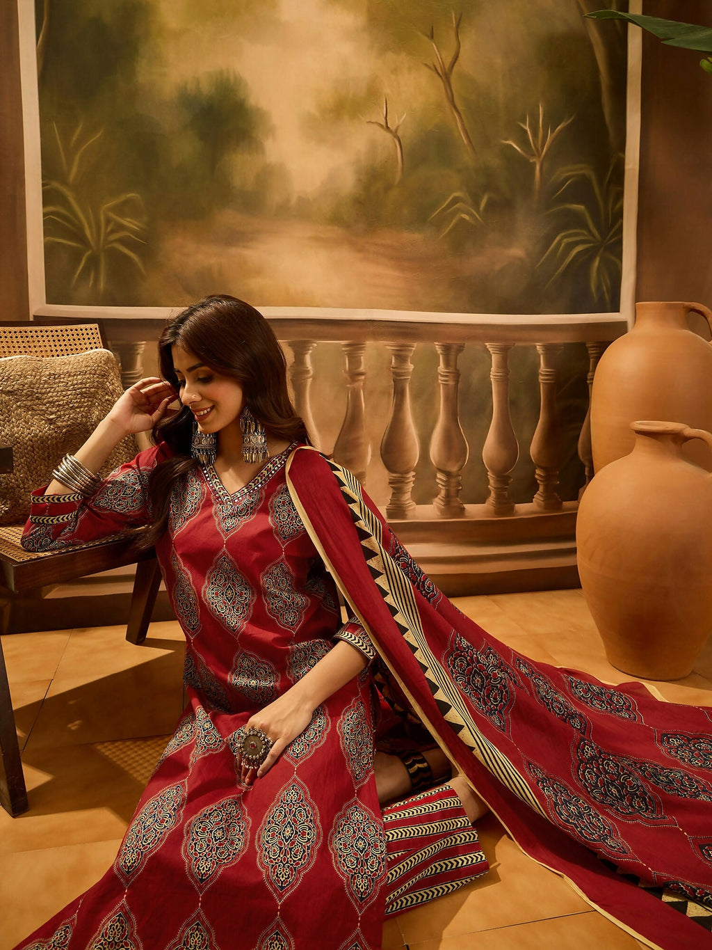 Printed Maroon Pure Cotton Kurta Set for Women