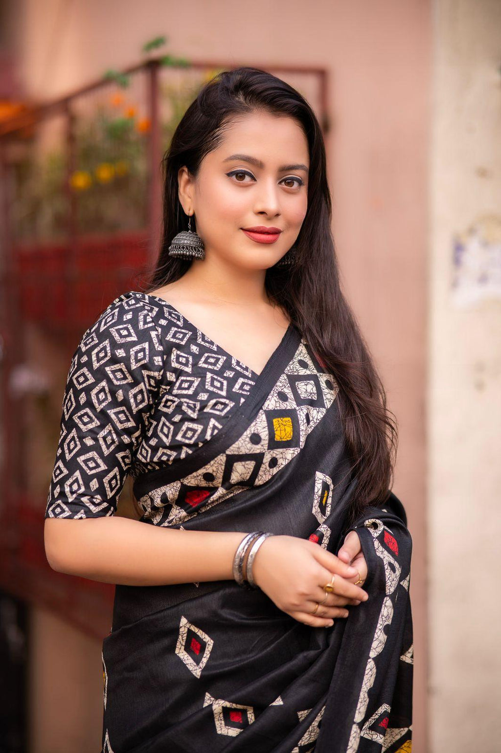 Black Silk Blend Saree with Ethnic Batik Style Prints