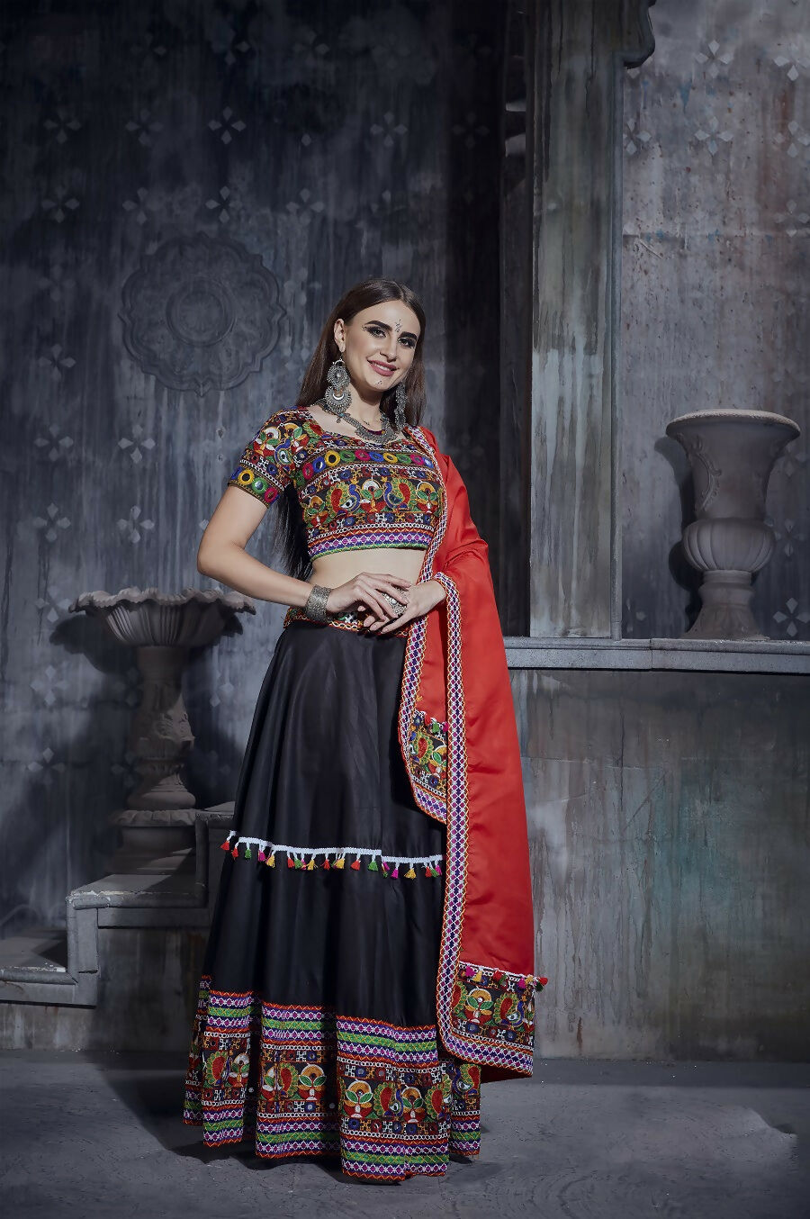Black Art Silk Navratri Lehenga Choli with Multi Blouse & Red Dupatta
