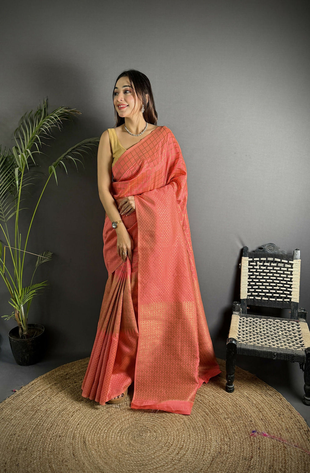 Peach Banarasi soft Lichi silk saree with checks and woven design