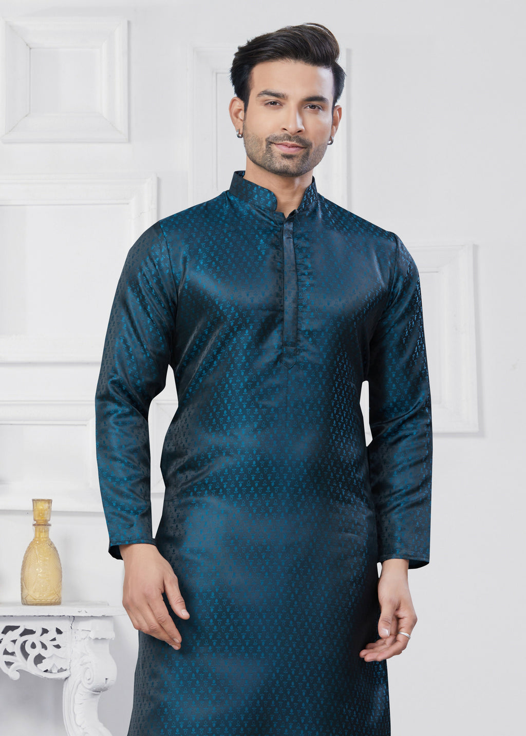 Men's Jacquard Silk Rama Printed Kurta Pyjama Set - Traditional Wear