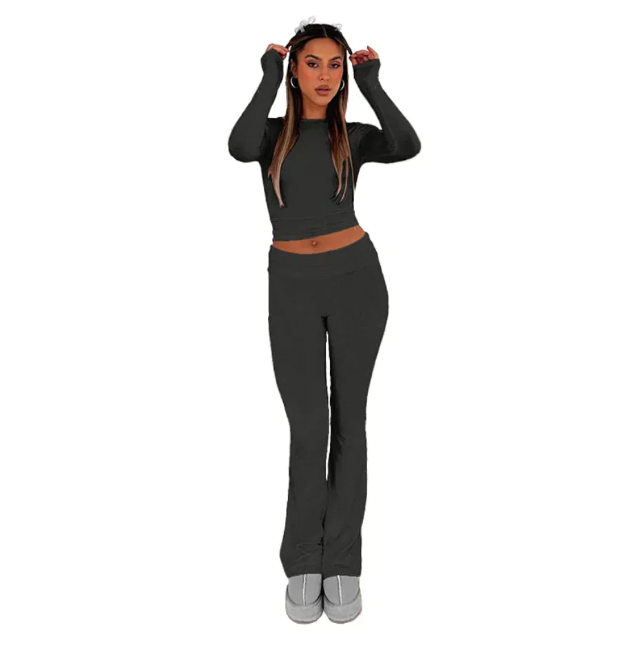 Women's High Waist Flare Leggings Long Sleeve Two Piece Set - Image 18