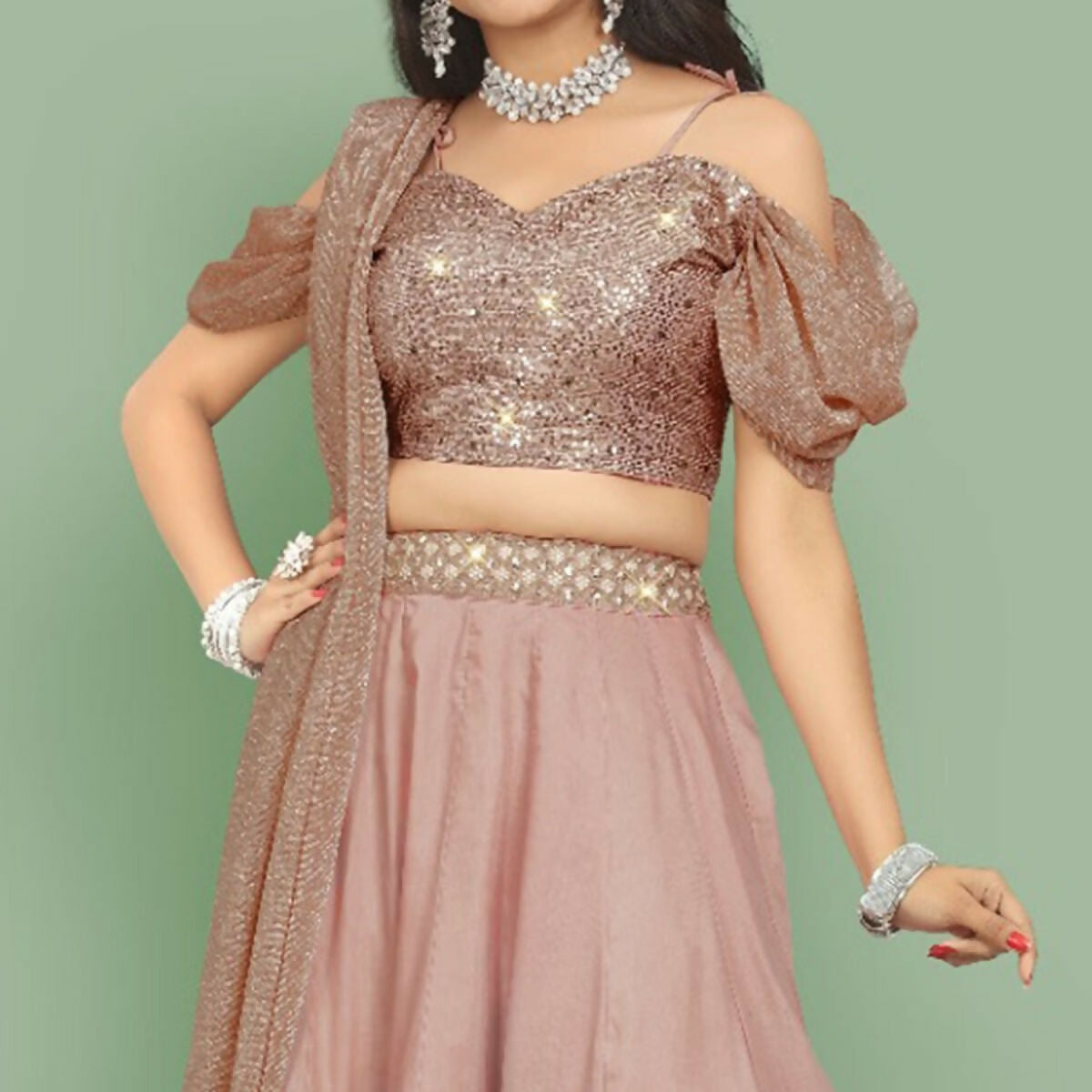Dusty Rose Pink Muslin Silk Dori and Sequins Embroidered Lehenga