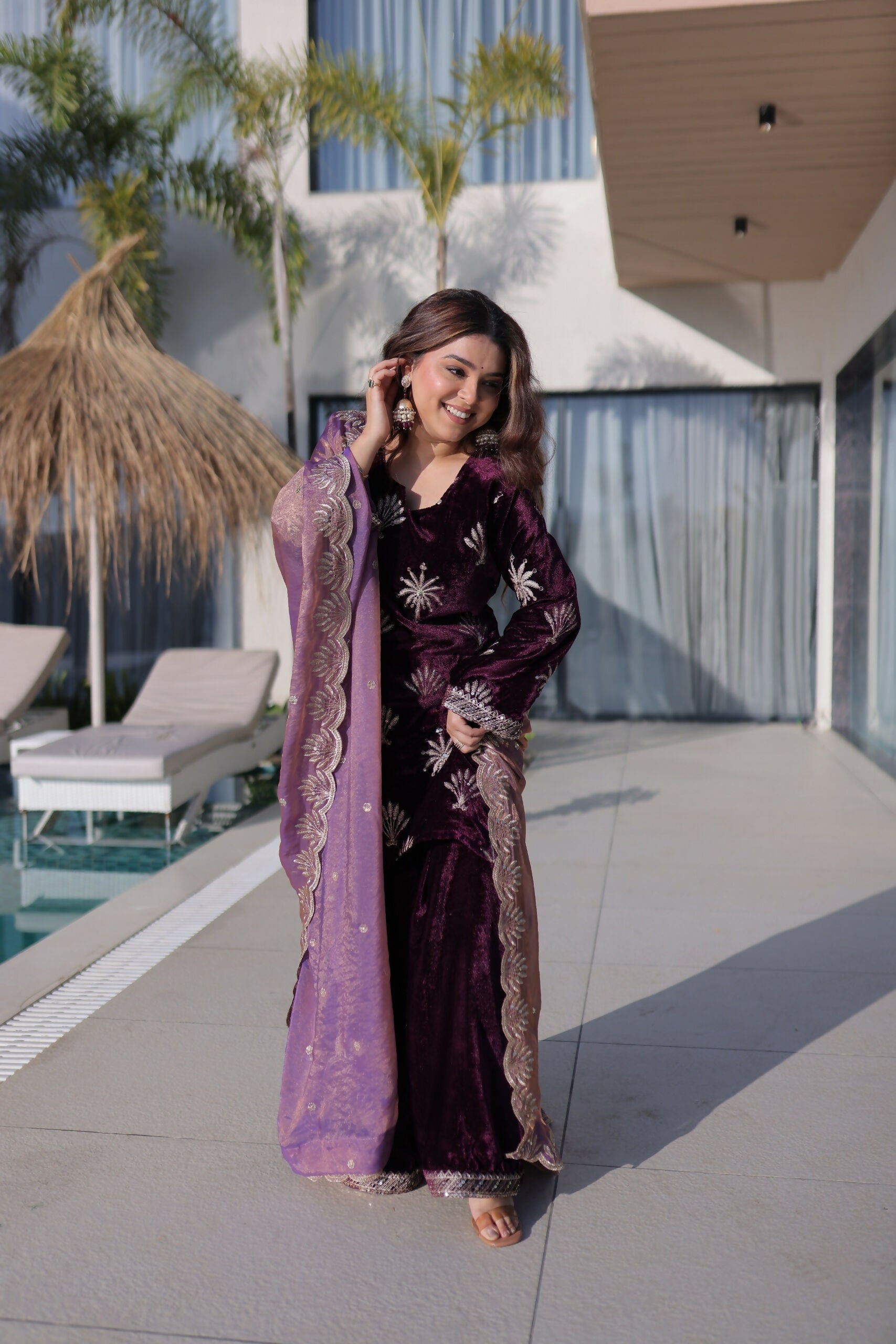 Maroon Velvet Kurta Set with Embroidery and Sequence Work