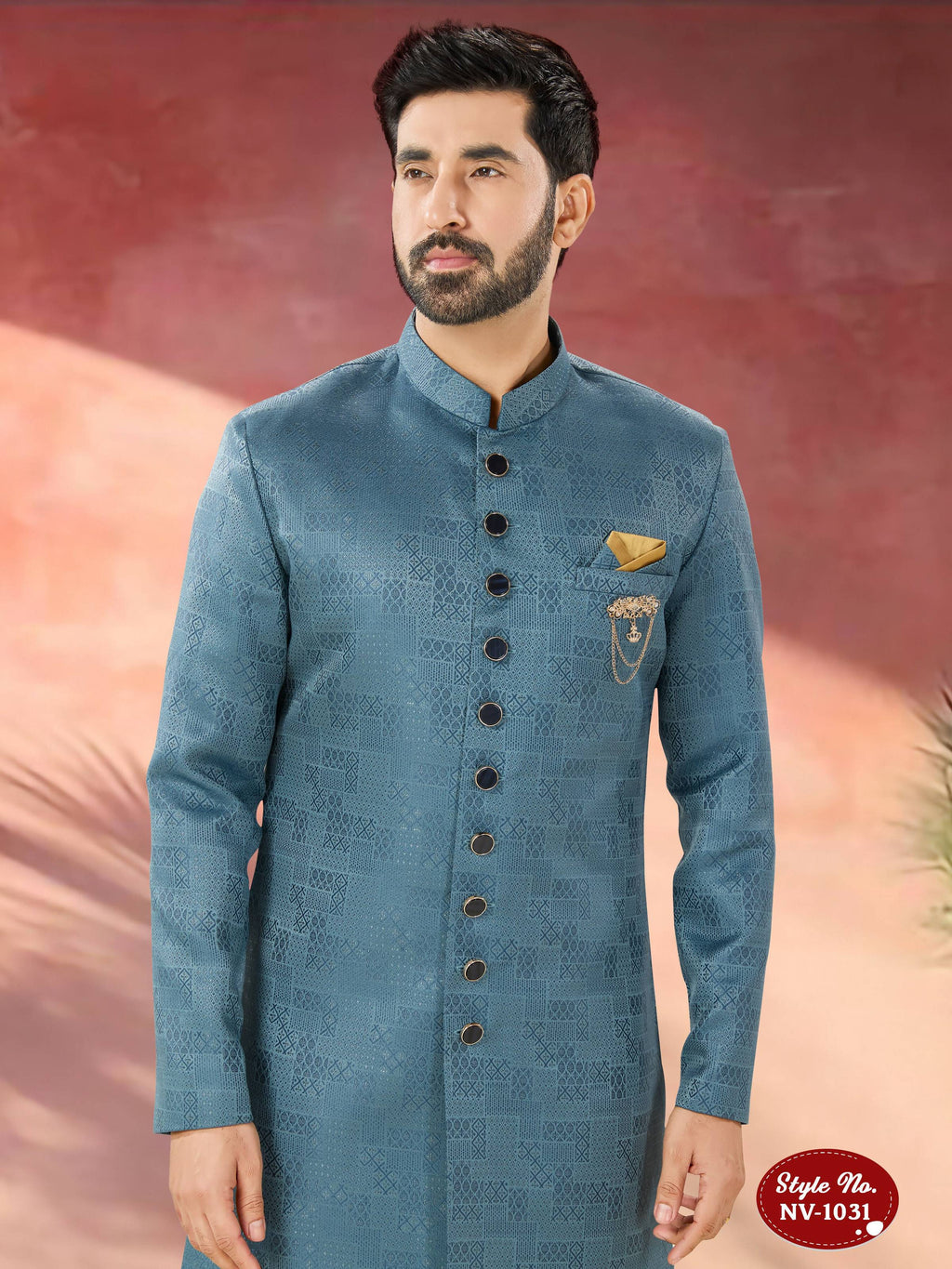Men's Blue Indo-Western Kurta Set in Self-Design Imported TR Fabric