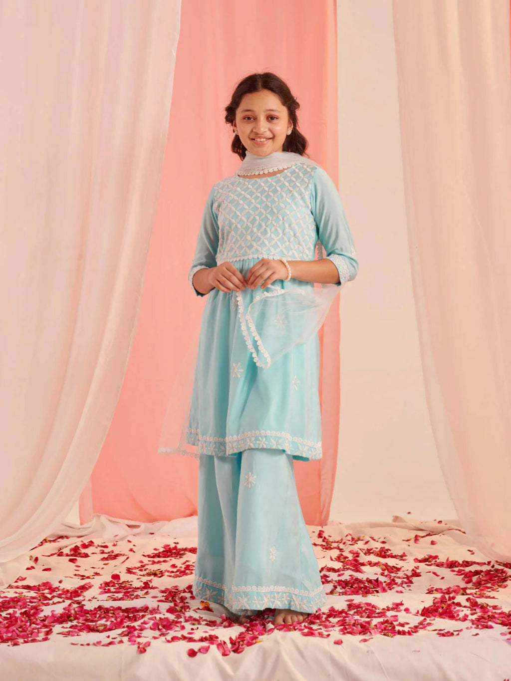 Sky blue cotton blend palazzo set with net dupatta