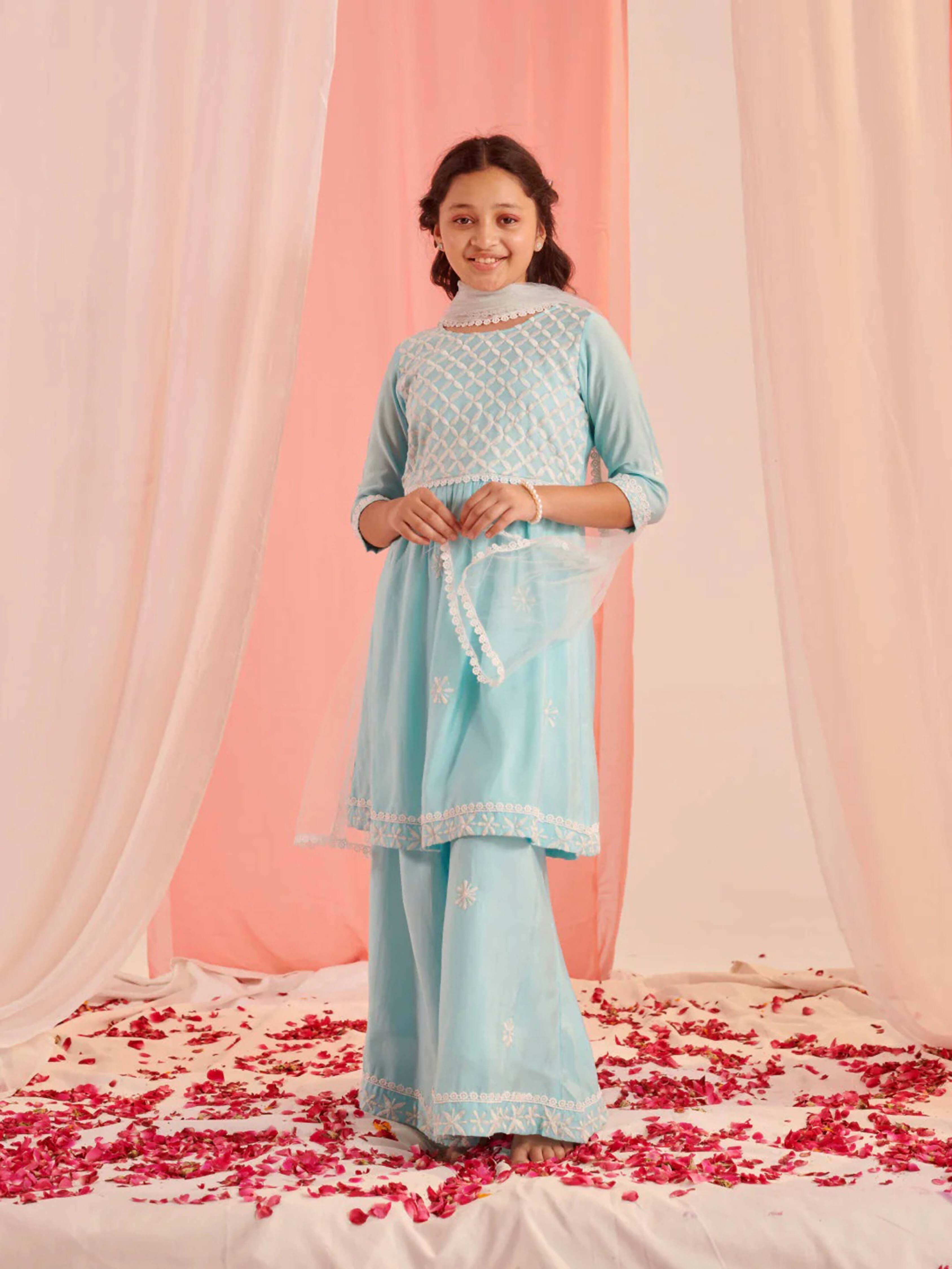 Sky blue cotton blend palazzo set with net dupatta