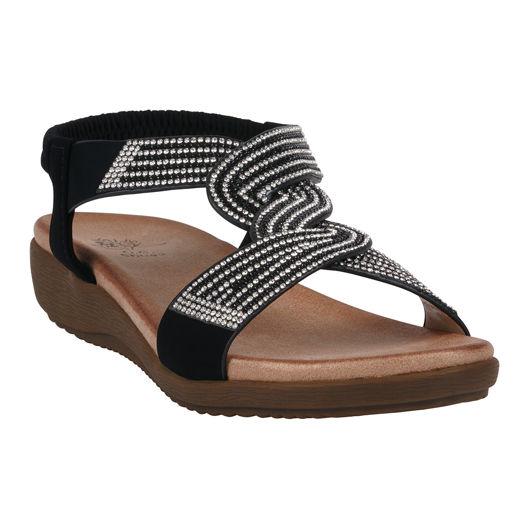 Women's Embellished Flat Sandals with Rhinestones - Black & Tan