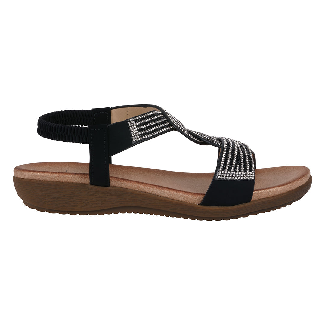 Women's Embellished Flat Sandals with Rhinestones - Black & Tan