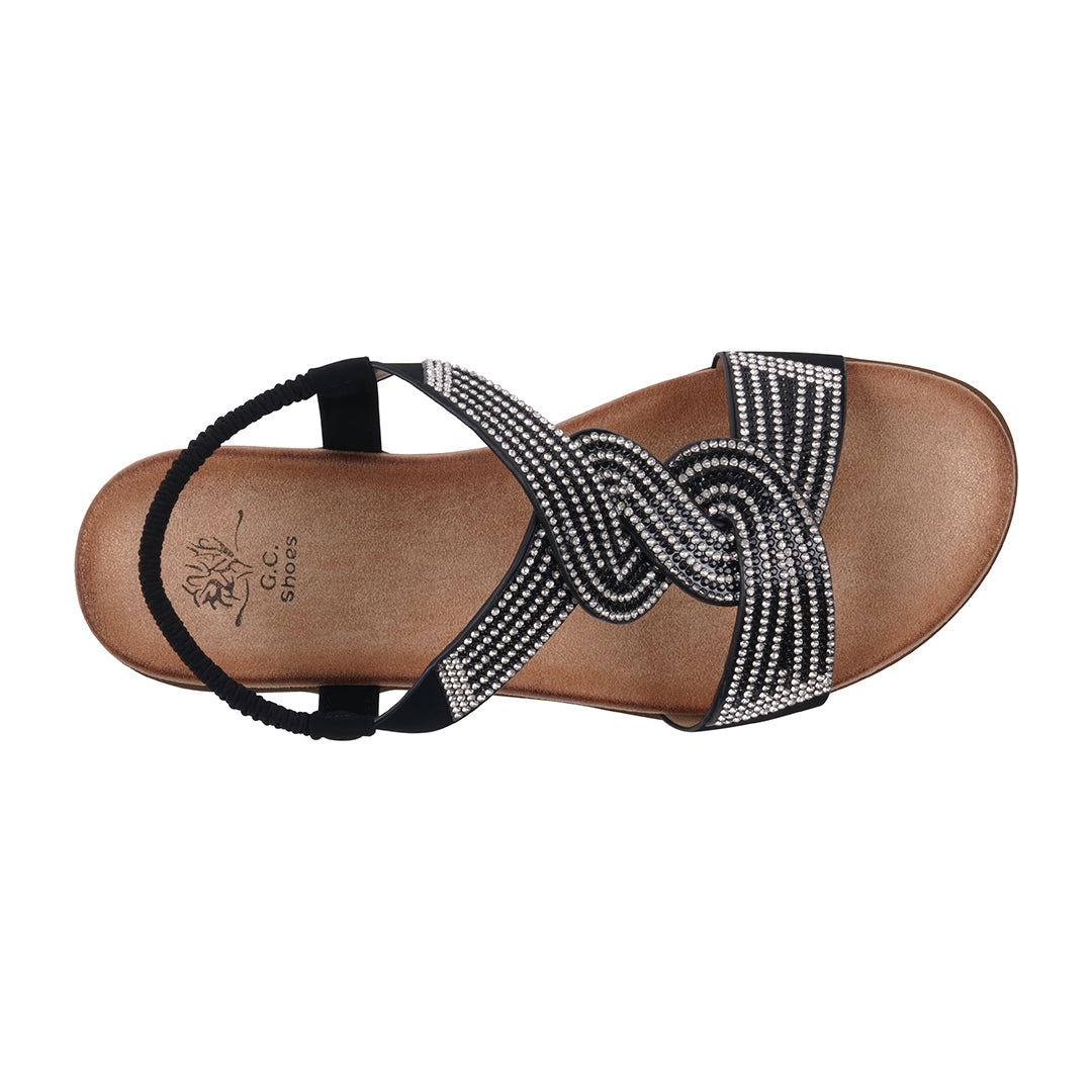 Women's Embellished Flat Sandals with Rhinestones - Black & Tan
