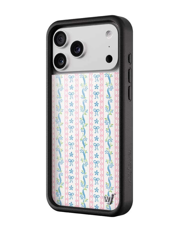 Dollhouse iPhone Case with Pink Lace and Blue Ribbon Pattern - Image 2