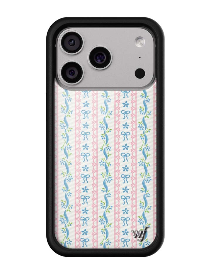 Dollhouse iPhone Case with Pink Lace Stripes and Blue Bow Details