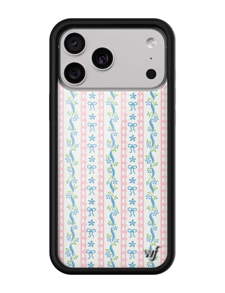 Dollhouse iPhone Case with Pink Lace Stripes and Blue Bow Details