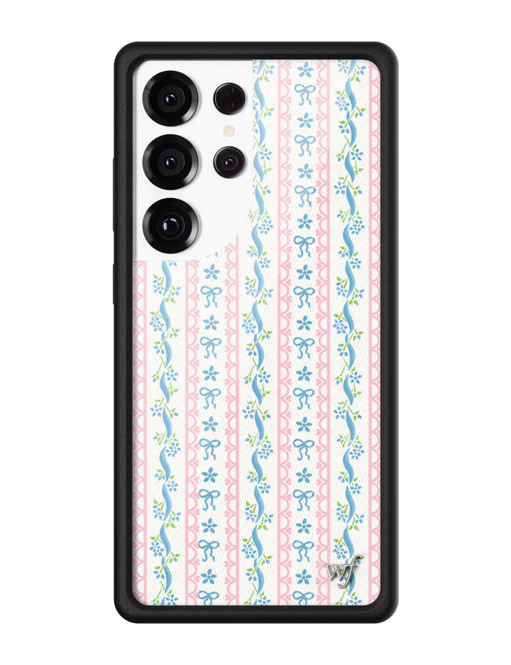 Samsung Galaxy phone case featuring a white background with repeating vertical pink lace stripes and tiny blue bows with floral accents.