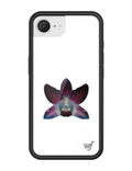 White iPhone case featuring a vibrant purple orchid flower graphic with a black rubber protective bumper.
