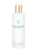 Valmont Vital Falls toner bottle with minimalist white packaging, gold collar, and teal branding on a clean background.