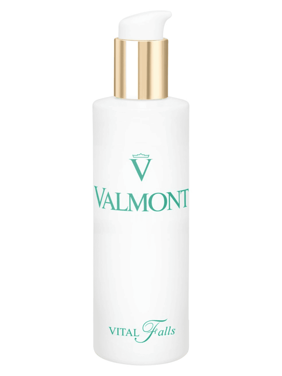 Valmont Vital Falls toner bottle with minimalist white packaging, gold collar, and teal branding on a clean background.